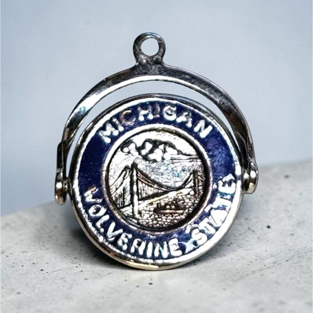 Vintage Sterling Silver Michigan Wolverine State Spinner Charm Enamel Bridge